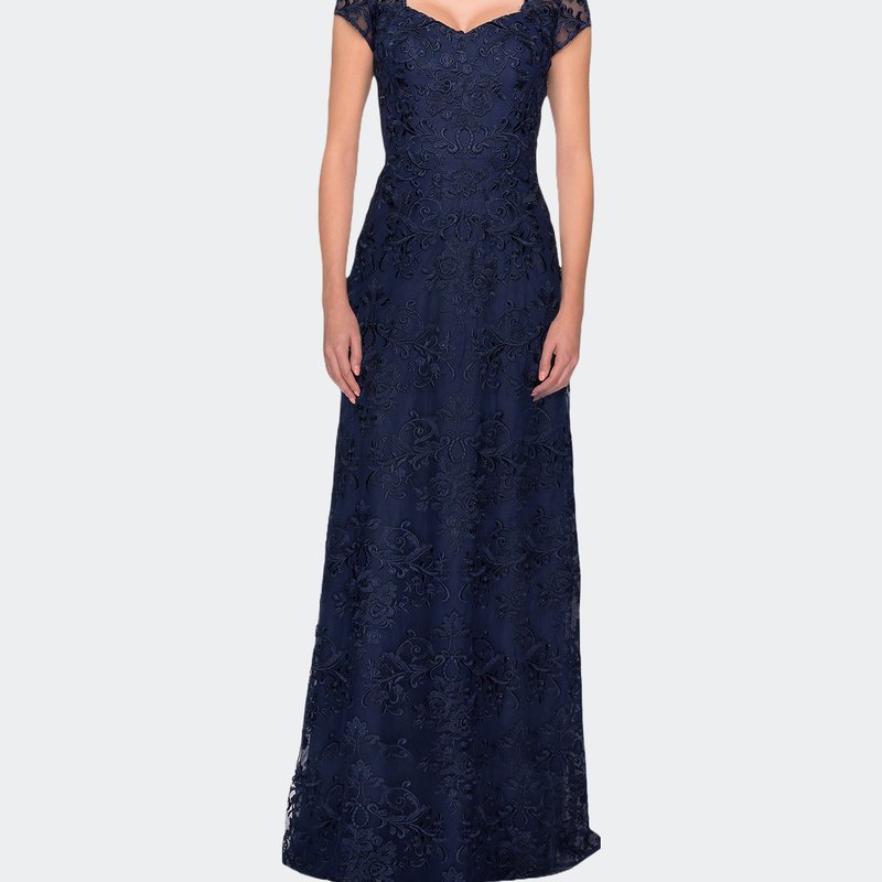 La Femme Cap Sleeve Floral Gown With Sweetheart Neckline In Navy