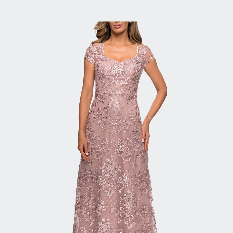 La Femme Cap Sleeve Floral Gown With Sweetheart Neckline In Mauve