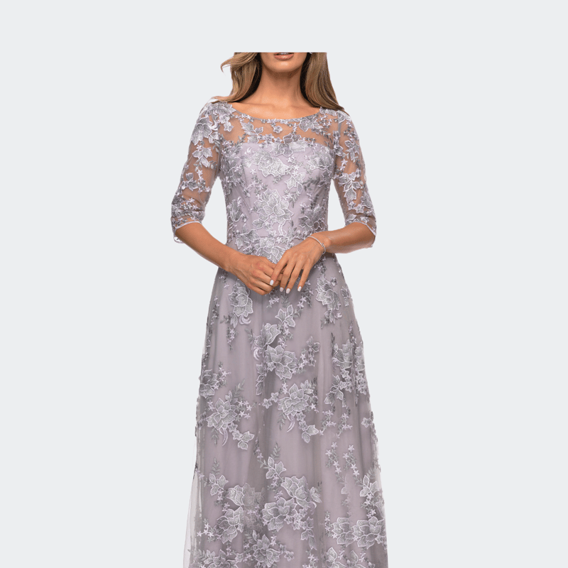 La Femme Cap Sleeve Long Evening Gown With Lace Detailing In Lavender/gray