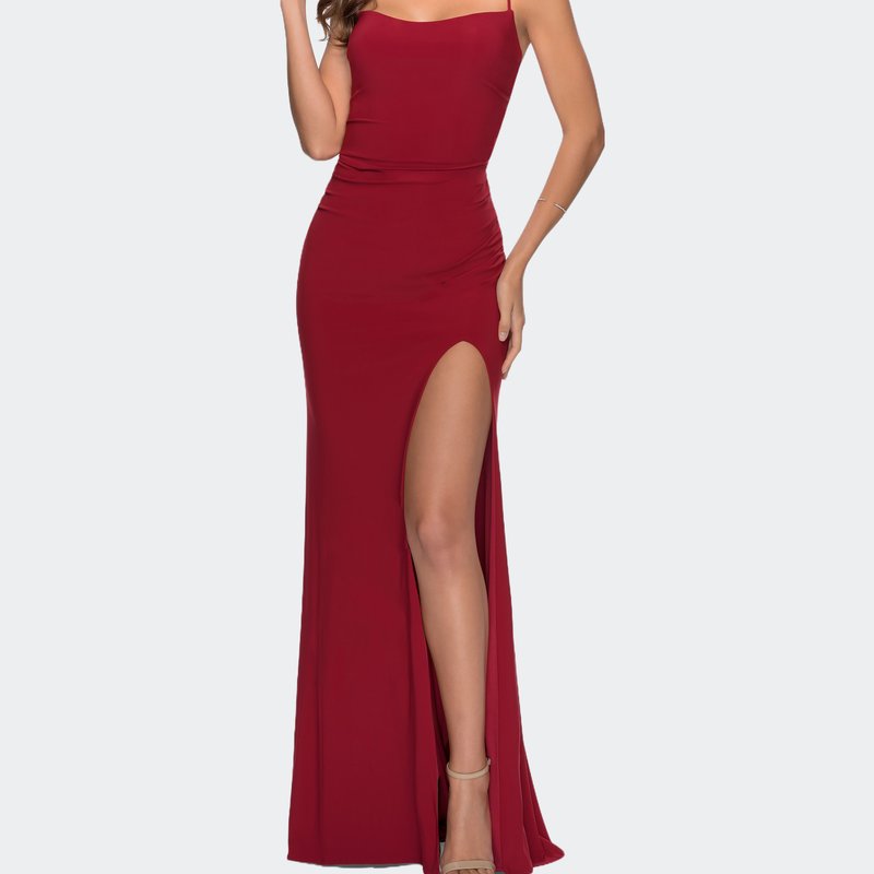 La Femme Chic Jersey Dress With Intricate Lace Up Back In Red