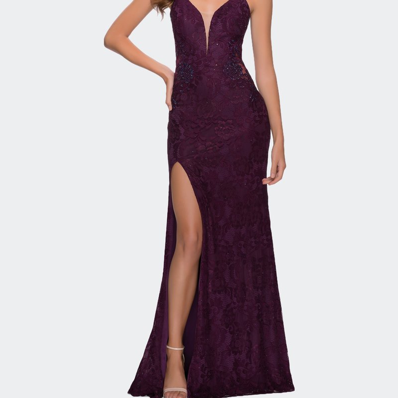 La Femme Chic Long Stretch Lace Gown With Sheer Rhinestone Back In Purple