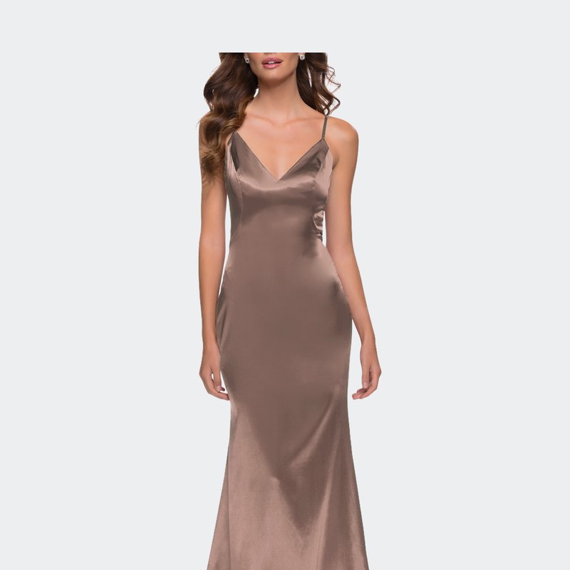 La Femme Chic Long Stretch Satin Gown With V Neck And Back In Brown