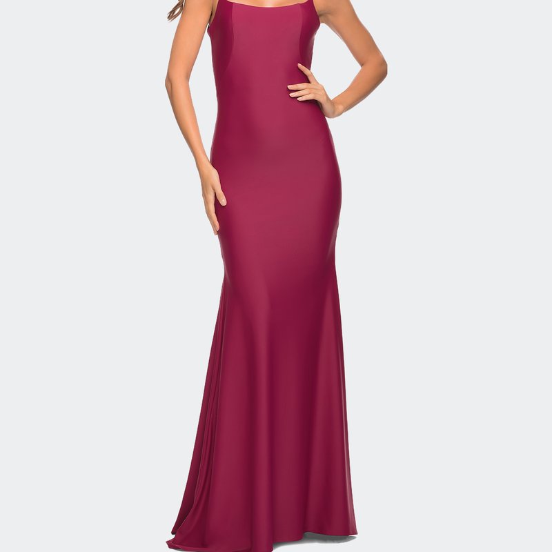 La Femme Chic Luxe Jersey Gown With Train And V Back In Berry