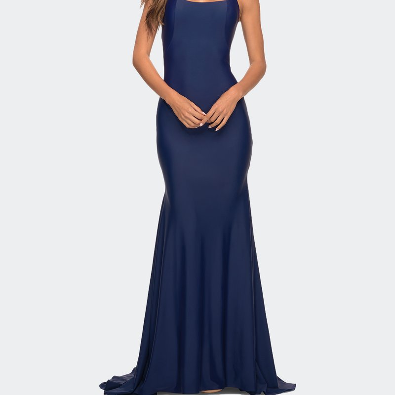 La Femme Chic Luxe Jersey Gown With Train And V Back In Navy