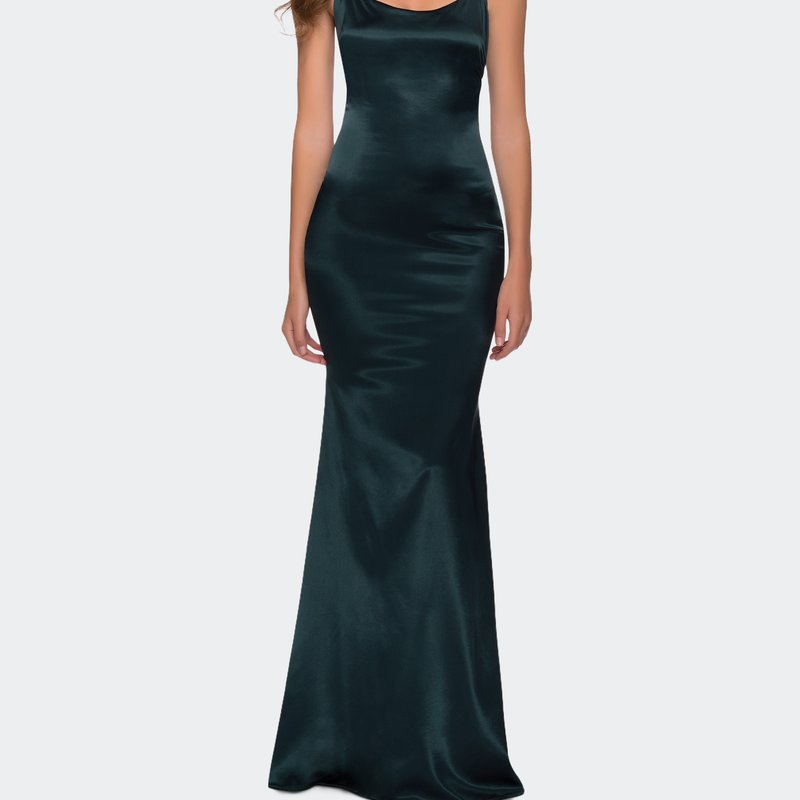 La Femme Chic Stretch Satin Gown With Scoop Neck And Open Back In Green