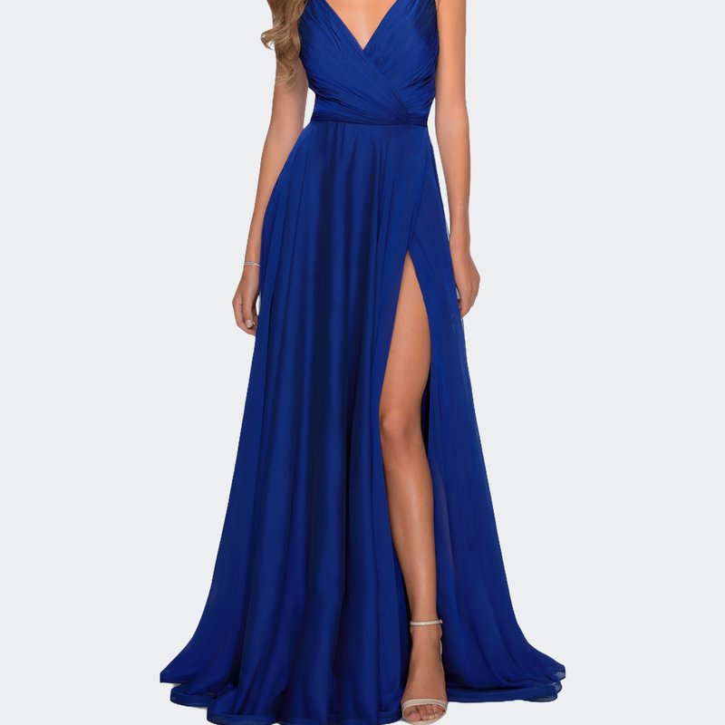 La Femme Chiffon Dress With Pleated Bodice And Pockets In Marine Blue