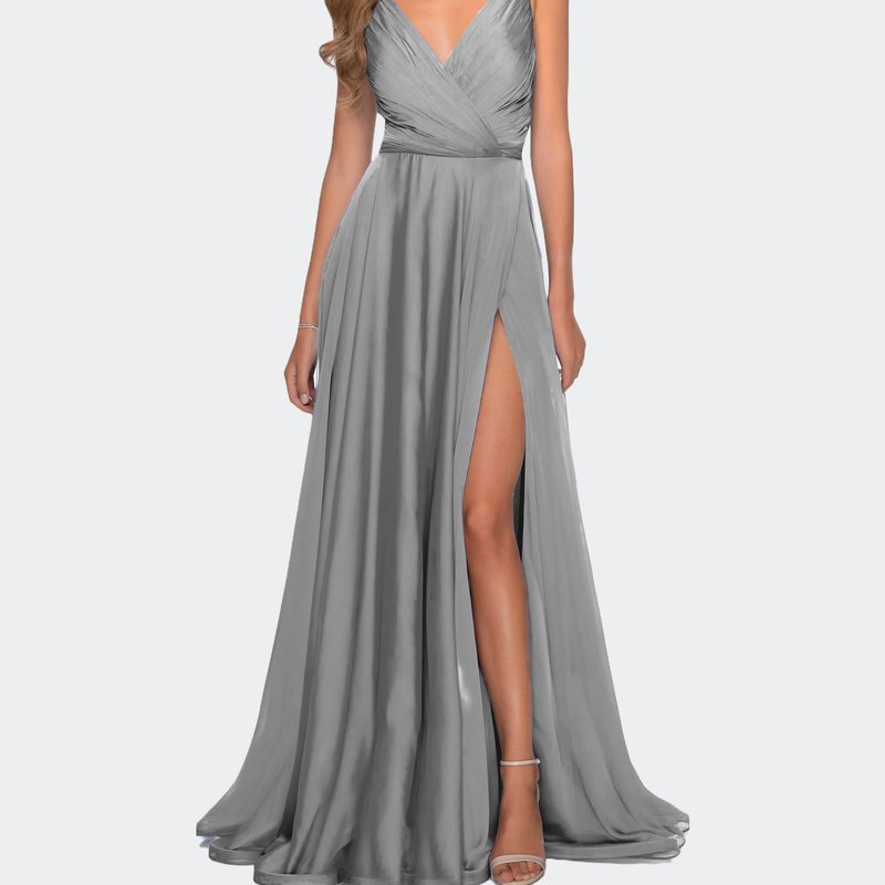 La Femme Chiffon Dress With Pleated Bodice And Pockets In Platinum