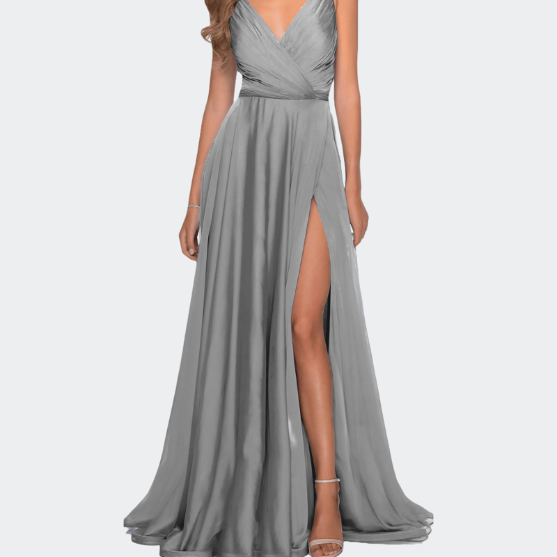 Shop La Femme Chiffon Dress With Pleated Bodice And Pockets In Grey