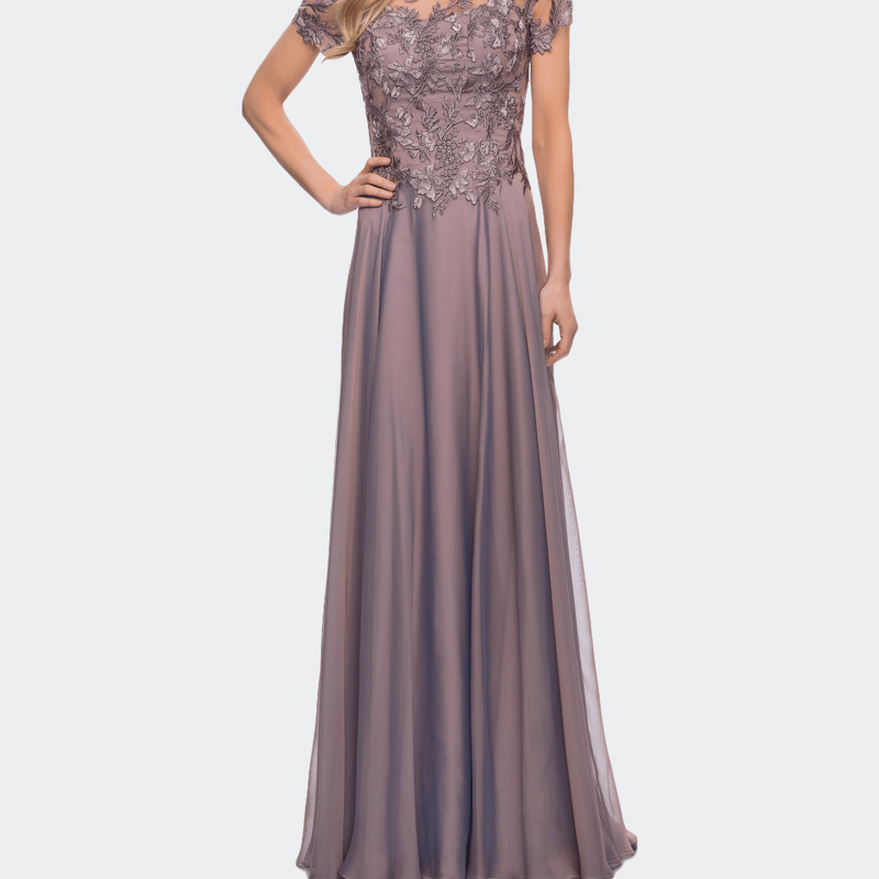 Shop La Femme Chiffon Evening Gown With Lace Bodice In Pink