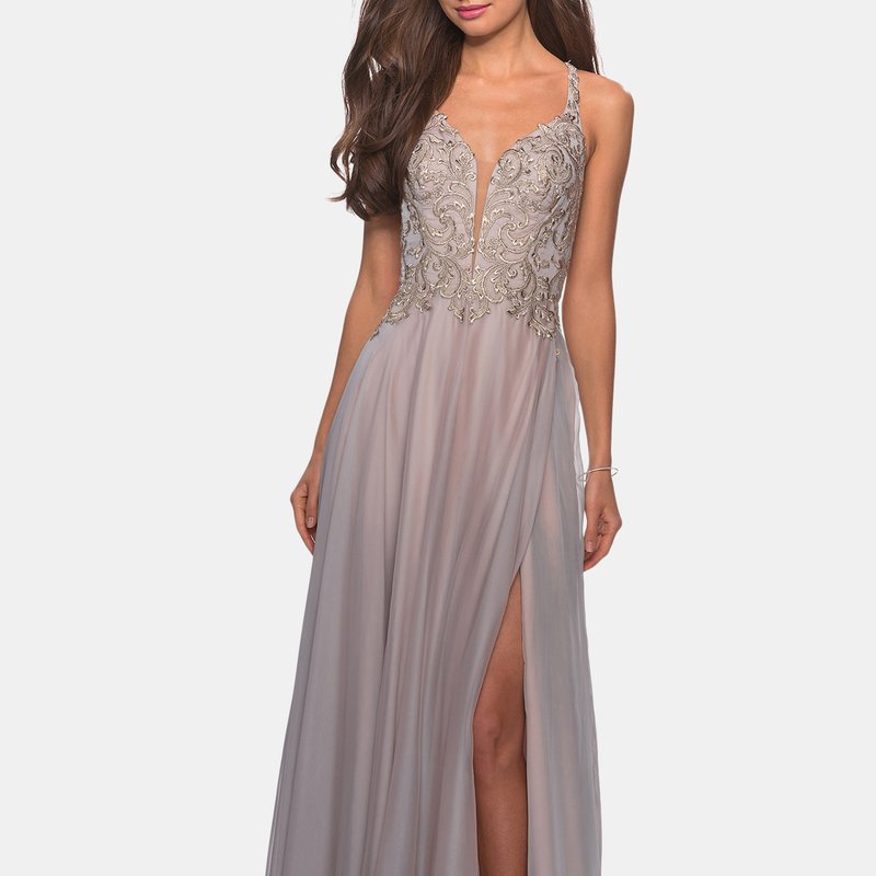 La Femme Chiffon Long Dress With V Neck And Lace In Grey