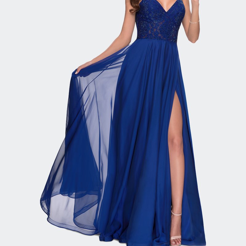 La Femme Chiffon Prom Dress With Sheer Floral Lace Bodice In Marine Blue