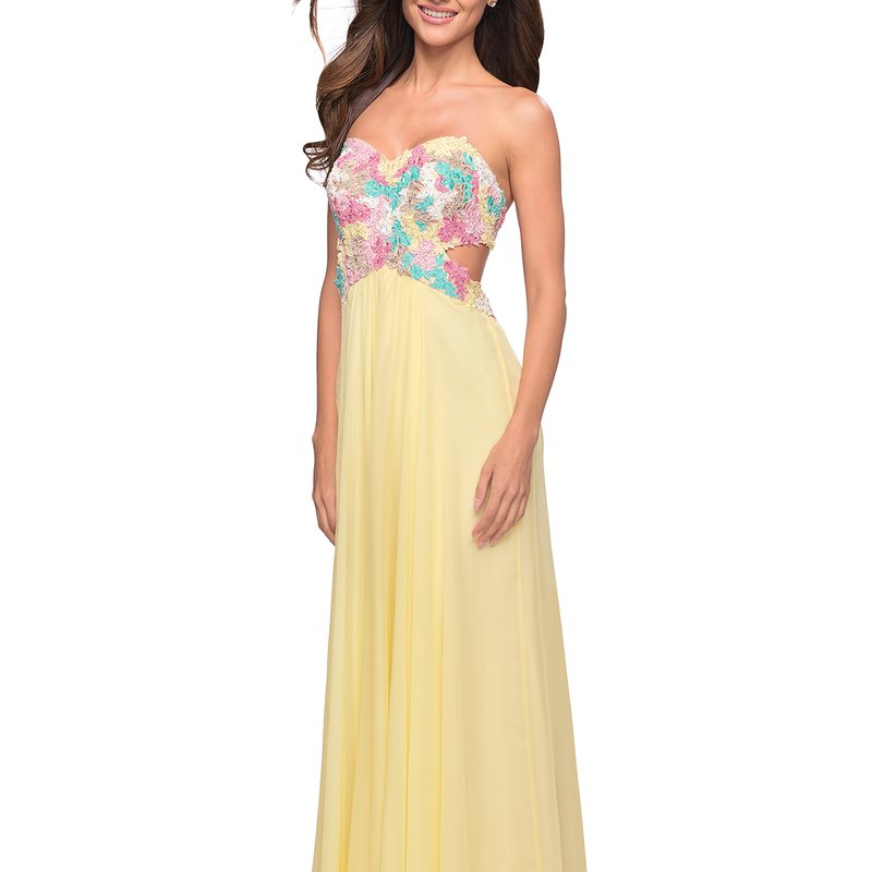 La Femme Chiffon Prom Gown With Lace, Jewels, And Cut Outs In Yellow