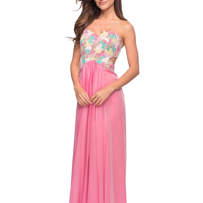 La Femme Chiffon Prom Gown With Lace, Jewels, And Cut Outs In Pink