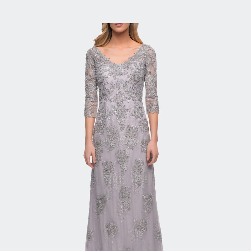 La Femme Column Lace Mother Of The Bride Dress With V Neckline In Silver