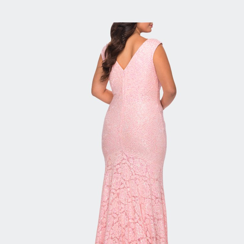 Shop La Femme Curvy Stretch Lace Dress With V-neck And Rhinestones In Pink