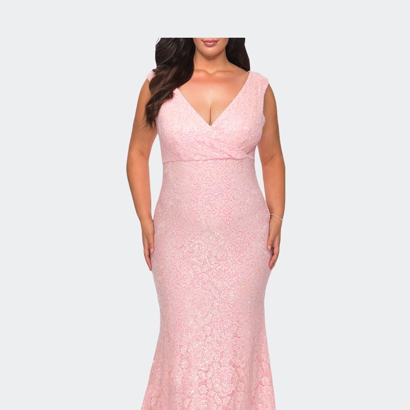 La Femme Curvy Stretch Lace Dress With V-neck And Rhinestones In Pink