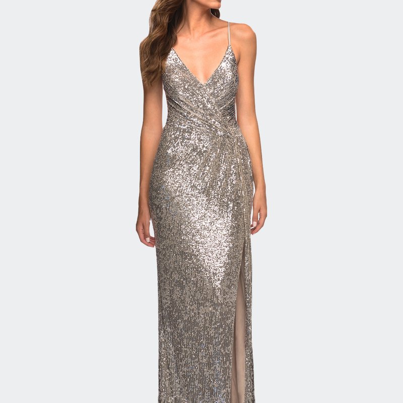 La Femme Draped Slit Long Sequin Gown With Lace Up Back In Silver