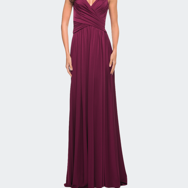 La Femme Elegant Criss-cross Ruched Bodice Jersey Dress In Dark Berry
