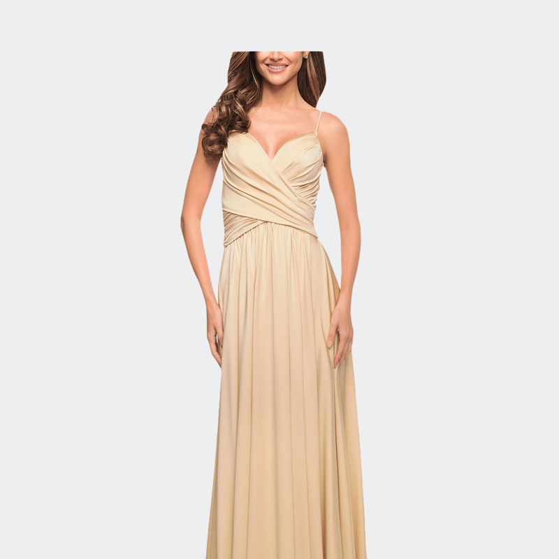 La Femme Elegant Criss-cross Ruched Bodice Jersey Dress In Gold