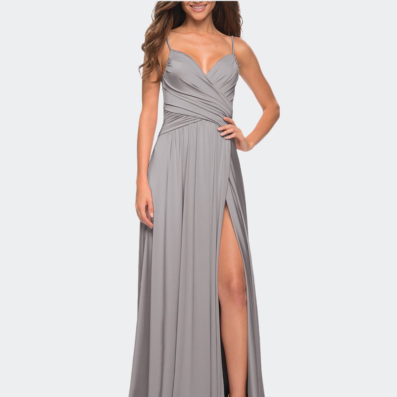La Femme Elegant Criss-cross Ruched Bodice Jersey Dress In Silver