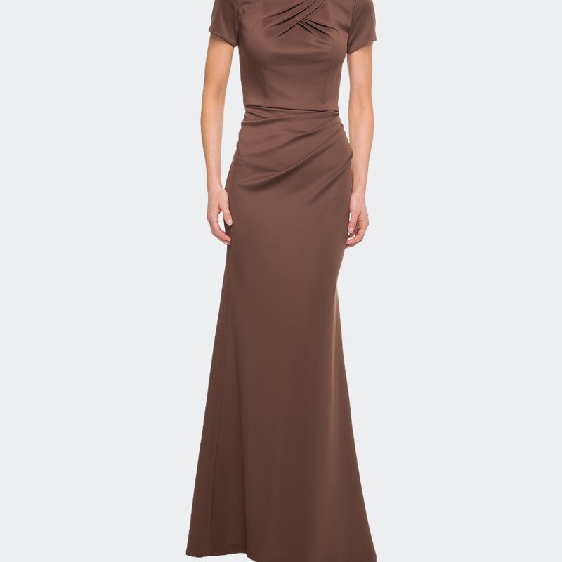 La Femme Elegant Long Jersey Dress With Short Sleeves In Cocoa