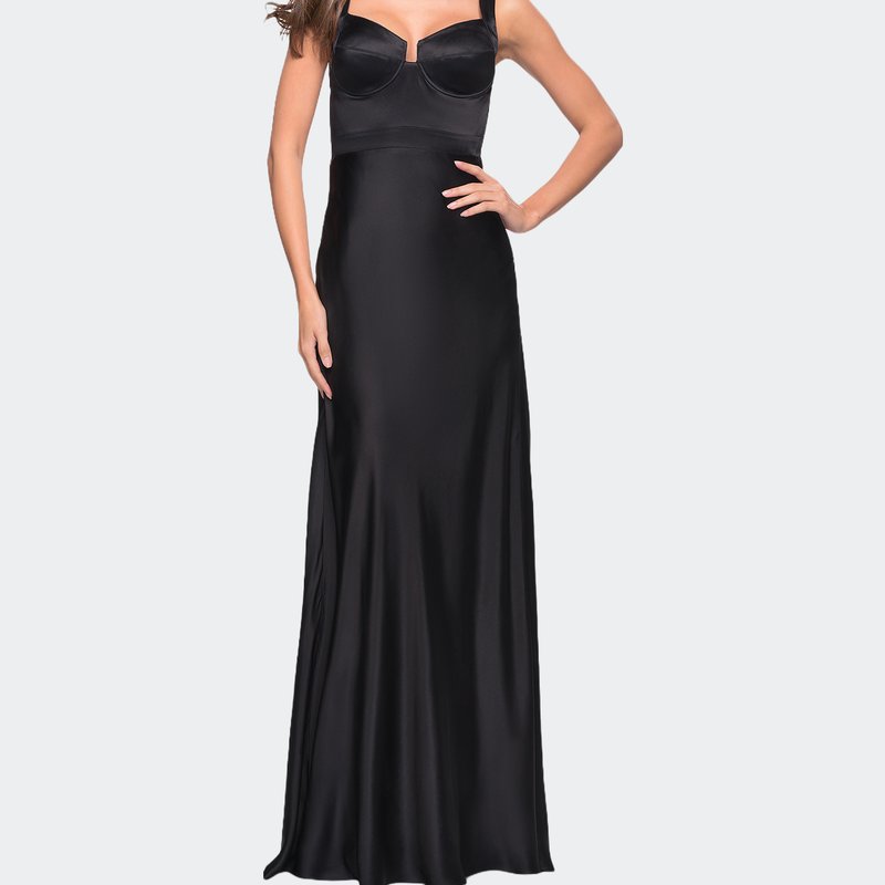La Femme Elegant Satin Gown With Corset Top And Beaded Waist In Black