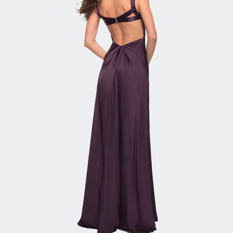 Shop La Femme Elegant Satin Gown With Corset Top And Beaded Waist In Purple