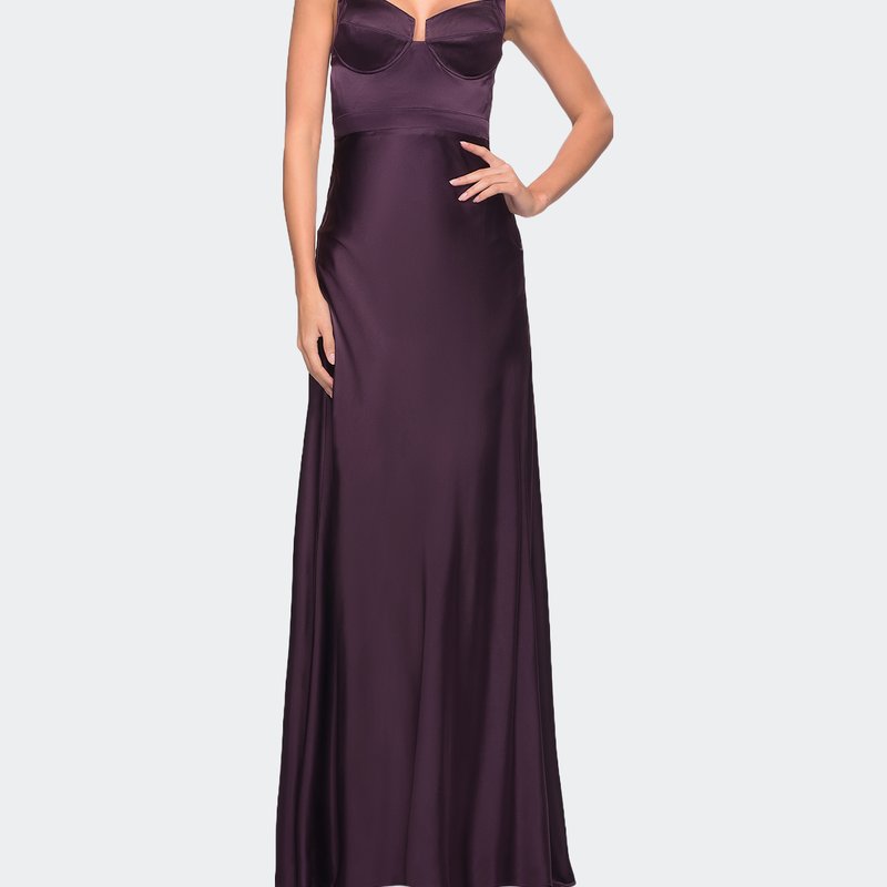 La Femme Elegant Satin Gown With Corset Top And Beaded Waist In Purple