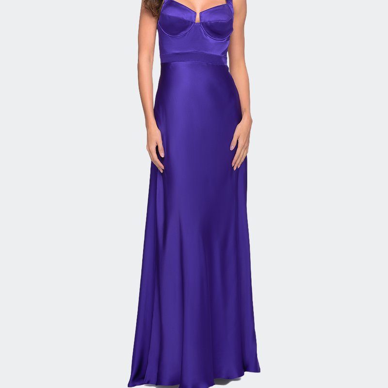 La Femme Elegant Satin Gown With Corset Top And Beaded Waist In Blue