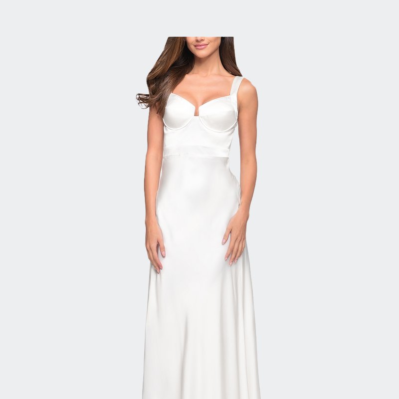 La Femme Elegant Satin Gown With Corset Top And Beaded Waist In White