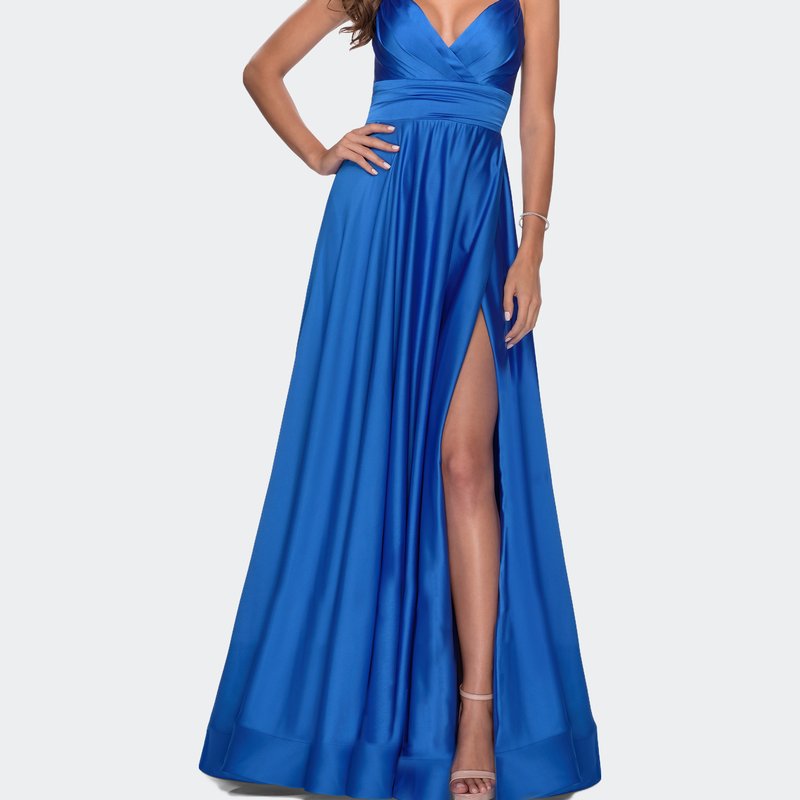 Shop La Femme Elegant Satin Prom Gown With Empire Waist In Blue