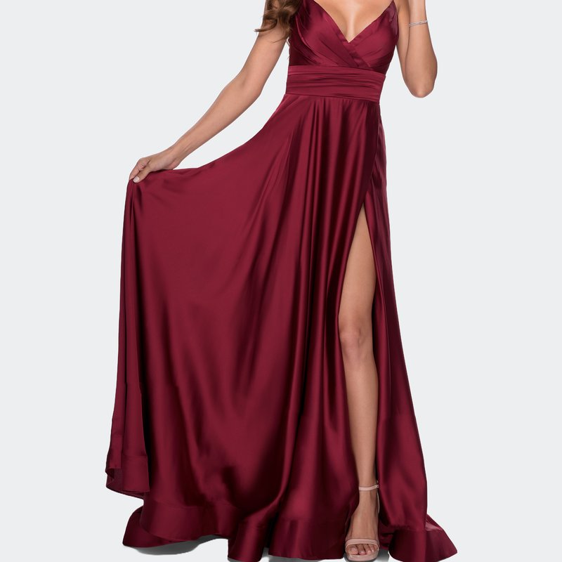 La Femme Elegant Satin Prom Gown With Empire Waist In Wine