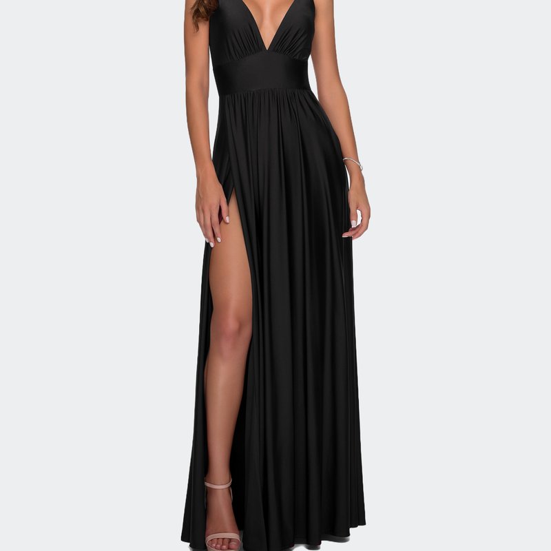 La Femme Empire Waist Gown With Deep V Neckline In Black