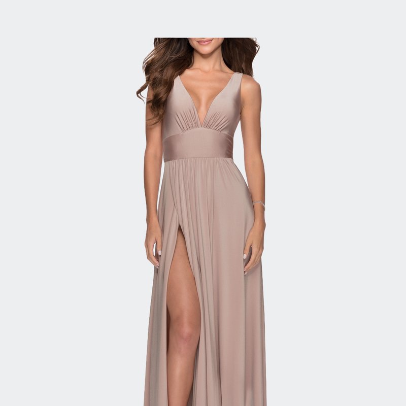 La Femme Empire Waist Gown With Deep V Neckline In Nude