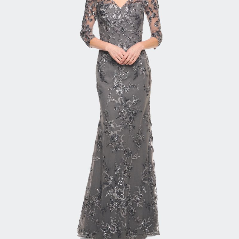La Femme Exquisite Lace Beaded Long Gown With Sheer Sleeves In Gunmetal