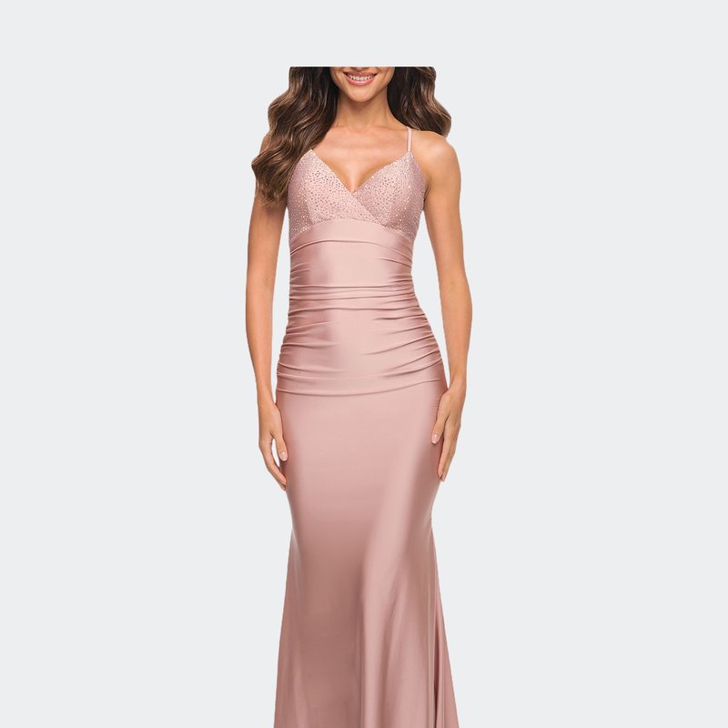 La Femme Fitted Jersey Gown With Rhinestone Top In Brown