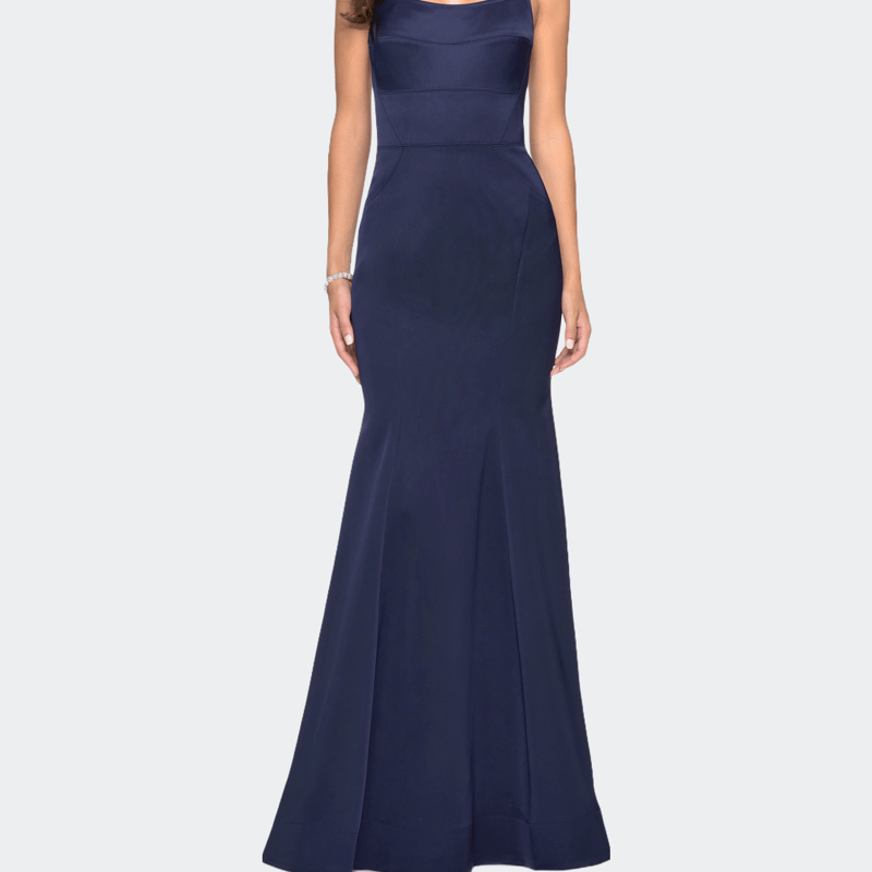 Shop La Femme Fitted Long Dress With Seams And Large Gold Zipper In Blue
