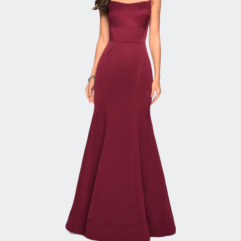 La Femme Fitted Long Dress With Seams And Large Gold Zipper In Burgundy