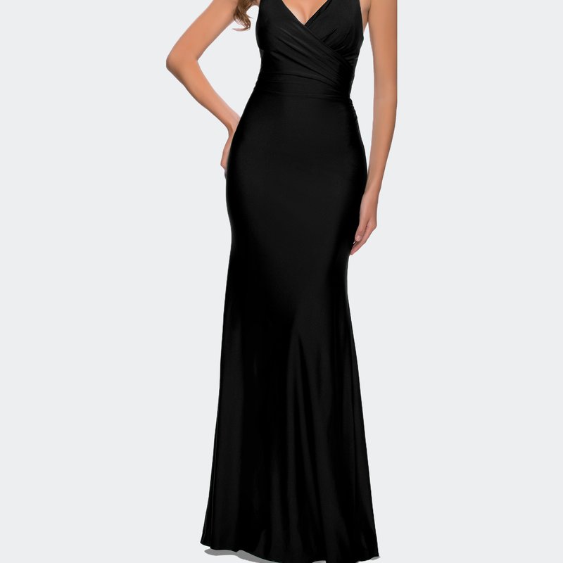 Shop La Femme Fitted Long Jersey Gown With Criss Cross Bodice In Black