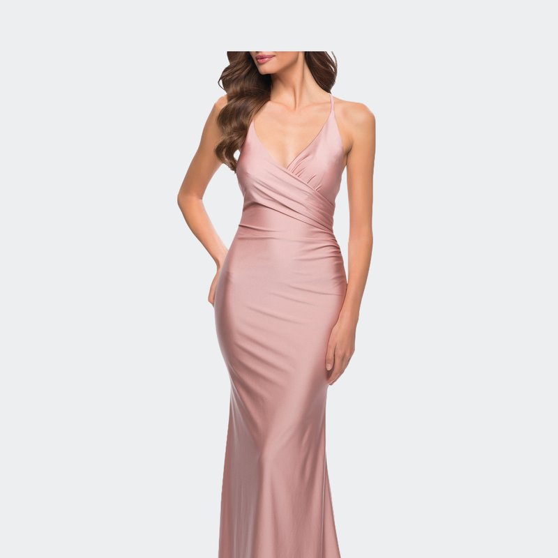 La Femme Fitted Long Jersey Gown With Criss Cross Bodice In Mauve