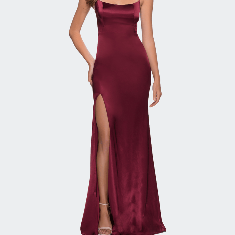 La Femme Fitted Stretch Satin Dress With Scoop Back In Red