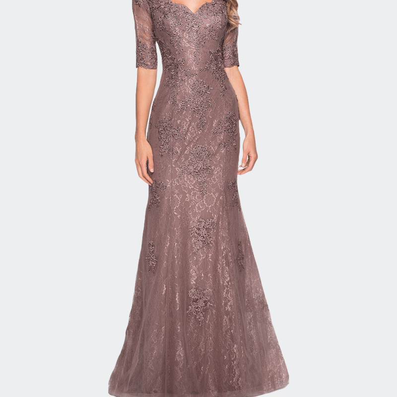 La Femme Floor Length Lace Dress With Rhinestone Accents In Cocoa