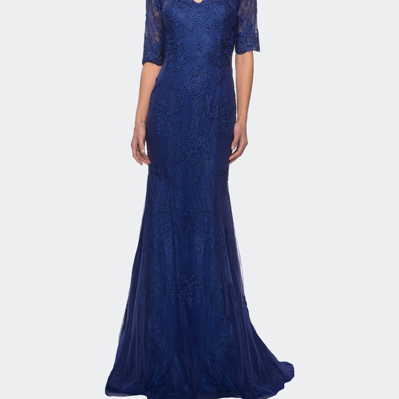 La Femme Floor Length Lace Dress With Rhinestone Accents In Blue