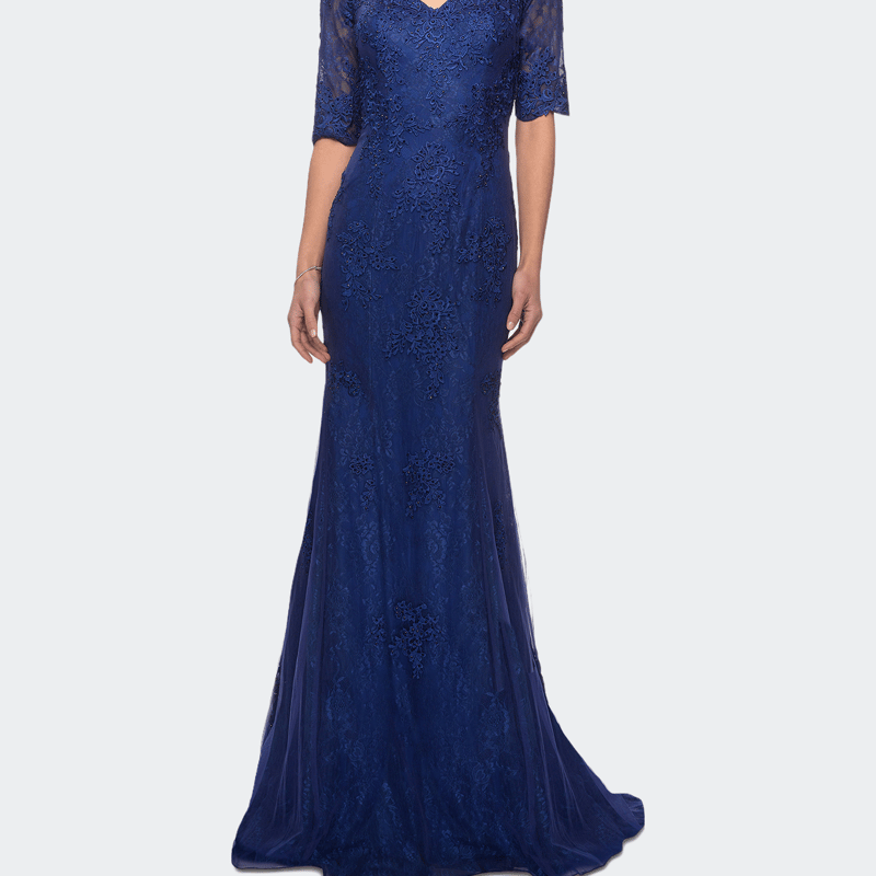 La Femme Floor Length Lace Dress With Rhinestone Accents In Marine Blue