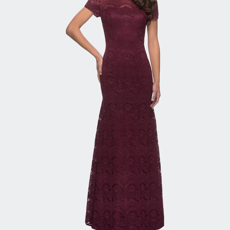 La Femme Floor Length Lace Gown With Short Sleeves In Garnet
