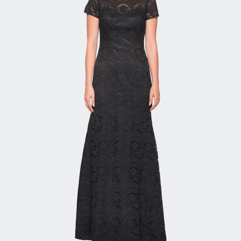 La Femme Floor Length Lace Gown With Short Sleeves In Black