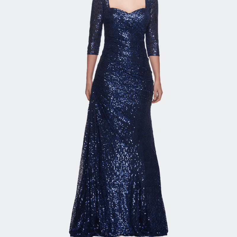 La Femme Floor Length Sequin Gown With Ruching And Sleeves In Blue