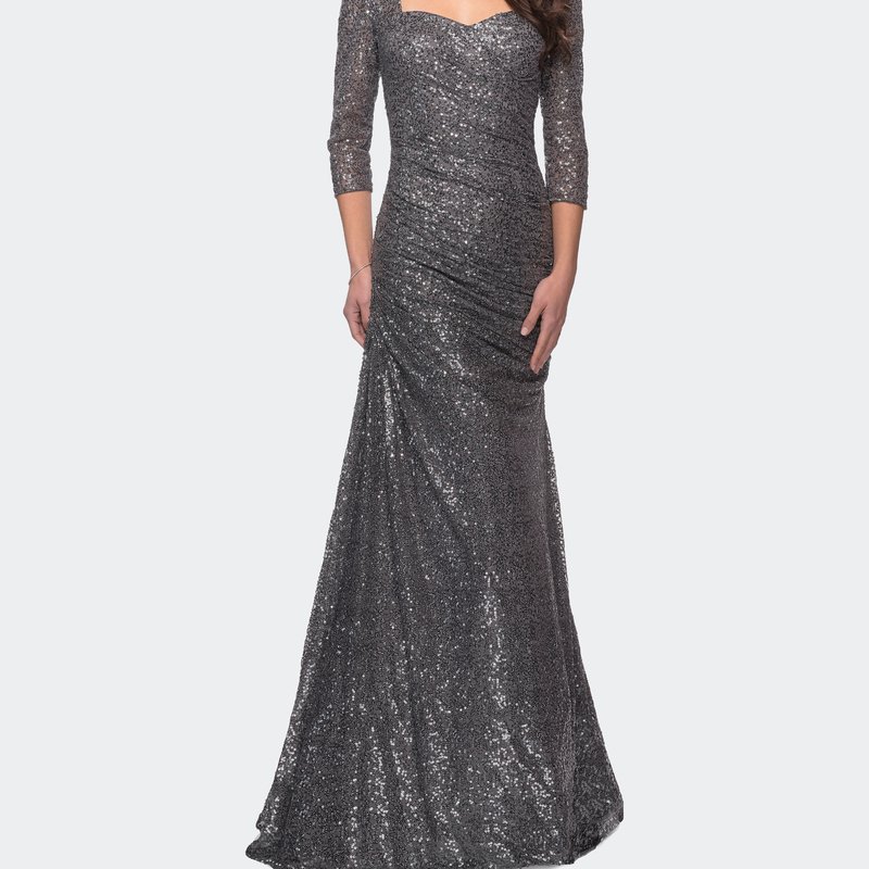 La Femme Floor Length Sequin Gown With Ruching And Sleeves In Gunmetal