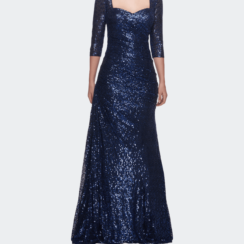 La Femme Floor Length Sequin Gown With Ruching And Sleeves In Navy