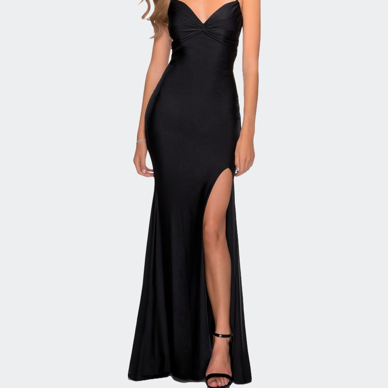 La Femme Form Fitting Dress With Ruched Bow Bodice In Black